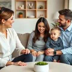 Uśmiechnięta rodzina z dzieckiem rozmawia z kobietą, kiedy przychodzi kurator rodzinny.