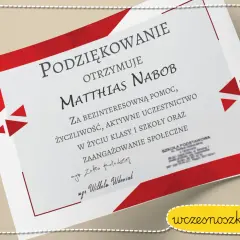 Dyplom dla Matthiase Nabob za pomoc i zaangażowanie w życie klasy. Podziękowanie dla trójki klasowej.
