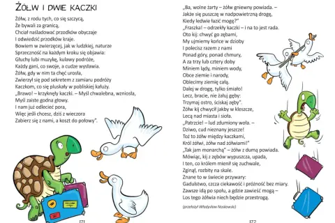 Żółw z walizkami i dwie kaczki, jedna z kijem, ilustrują wiersze z humorem o podróżach i pomysłach.