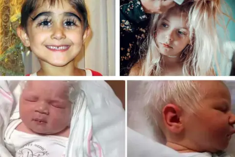 Dziecko z siwymi włosami, noworodek i dziewczynka z blond włosami.