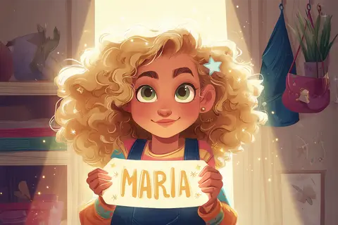 Uśmiechnięta dziewczynka z kręconymi blond włosami trzyma tabliczkę z napisem "MARIA". To krótkie imię dla dziewczynki, które pasuje do jej radosnej osobowości.