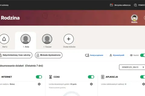 Panel Norton Rodzina: dodaj dziecko, ustaw alerty, blokuj czas i aplikacje, aby założyć kontrolę rodzicielską na telefon.