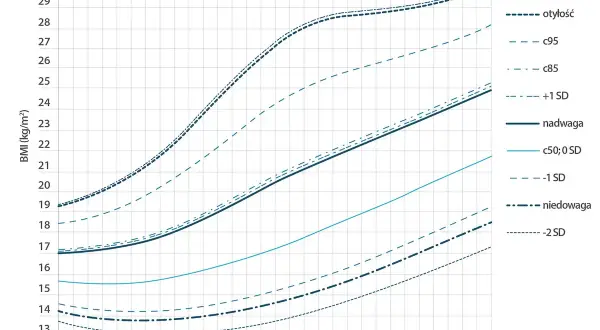Siatka centylowa BMI dla chłopców. Wiek 10 lat: prawidłowy wzrost to ok. 19-22 BMI, zależnie od centyla.