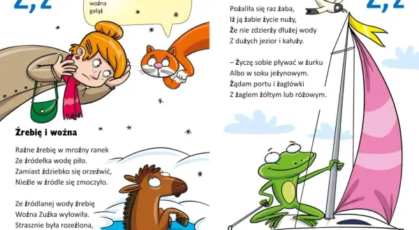 Ilustracje do śmiesznych wierszy dla dzieci: żaba na żaglówce, źrebak i woźna.
