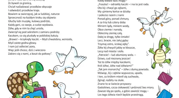 Żółw z walizkami i dwie kaczki, jedna z kijem, ilustrują wiersze z humorem o podróżach i pomysłach.