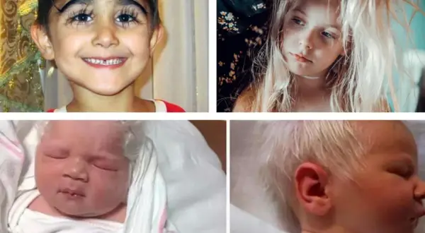 Dziecko z siwymi włosami, noworodek i dziewczynka z blond włosami.
