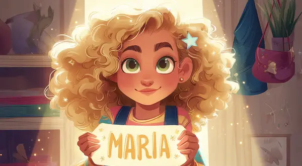 Uśmiechnięta dziewczynka z kręconymi blond włosami trzyma tabliczkę z napisem "MARIA". To krótkie imię dla dziewczynki, które pasuje do jej radosnej osobowości.