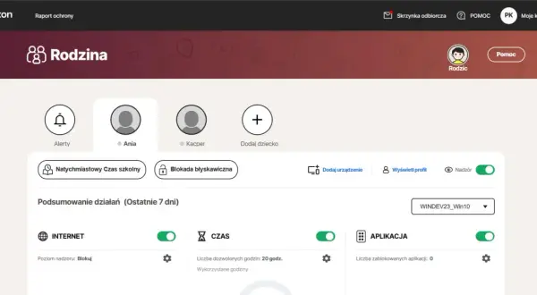 Panel Norton Rodzina: dodaj dziecko, ustaw alerty, blokuj czas i aplikacje, aby założyć kontrolę rodzicielską na telefon.