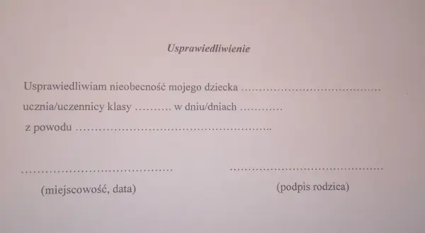 Szablon usprawiedliwienia nieobecności ucznia z powodu choroby. Wypełnij dane dziecka, daty i powód.