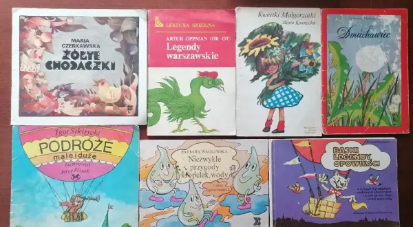 Książki dla dzieci PRL: "Żółte chodaczki", "Legendy warszawskie", "Kwiatki Małgorzatki", "Dmichawiec", "Podróże małe i duże", "Niezwykłe przygody kropelek wody", "Bajki i legendy opowieści".