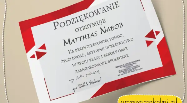 Dyplom dla Matthiase Nabob za pomoc i zaangażowanie w życie klasy. Podziękowanie dla trójki klasowej.