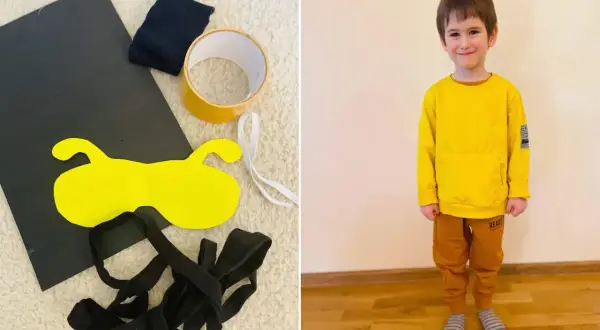 Materiały do zrobienia stroju pszczółki dla chłopca: czarny materiał, żółty element, taśma, czarne i białe tasiemki. Obok stoi chłopiec w żółtej bluzie i brązowych spodniach.