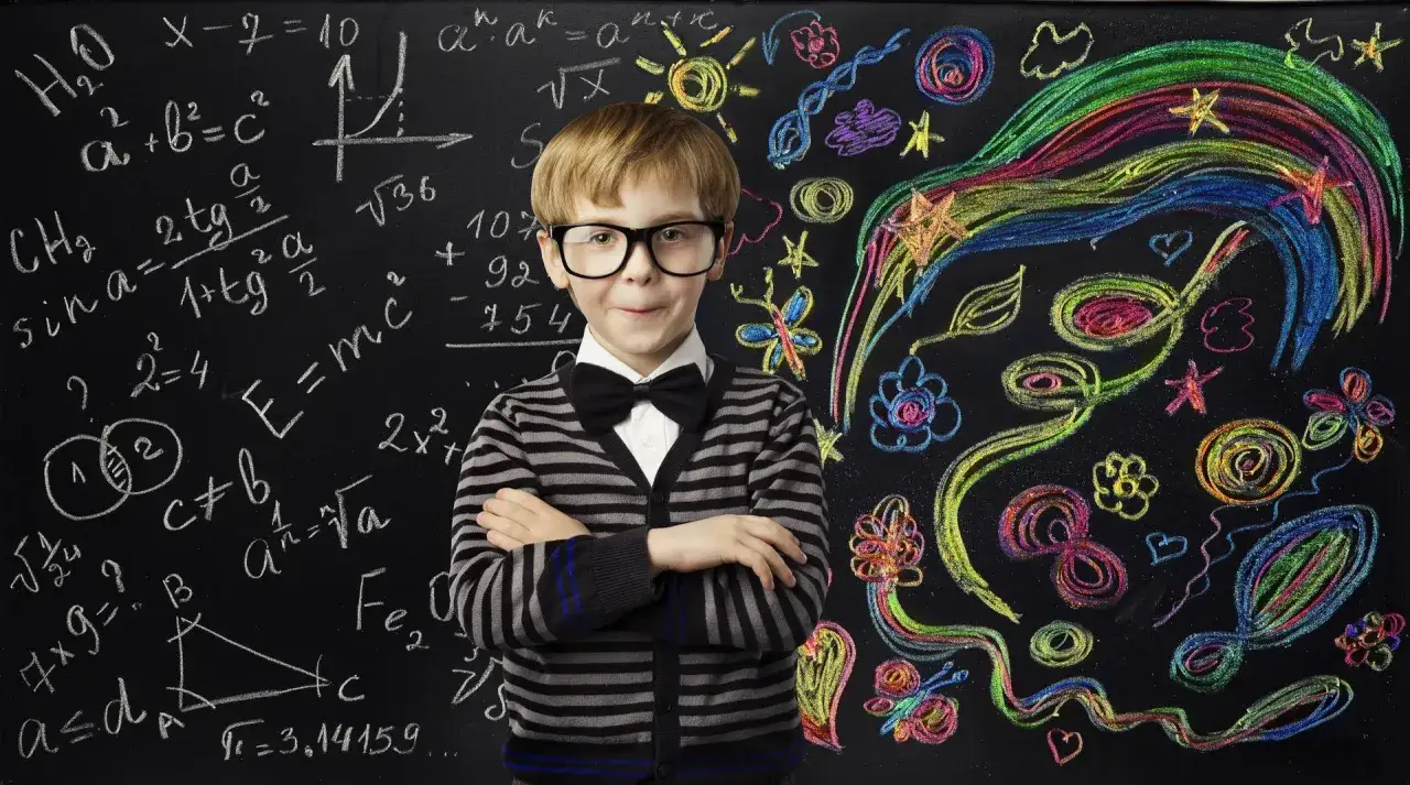 Chłopiec w okularach stoi przed tablicą z wzorami matematycznymi i kolorowymi rysunkami. Czy po nim dziecko dziedziczy inteligencję?