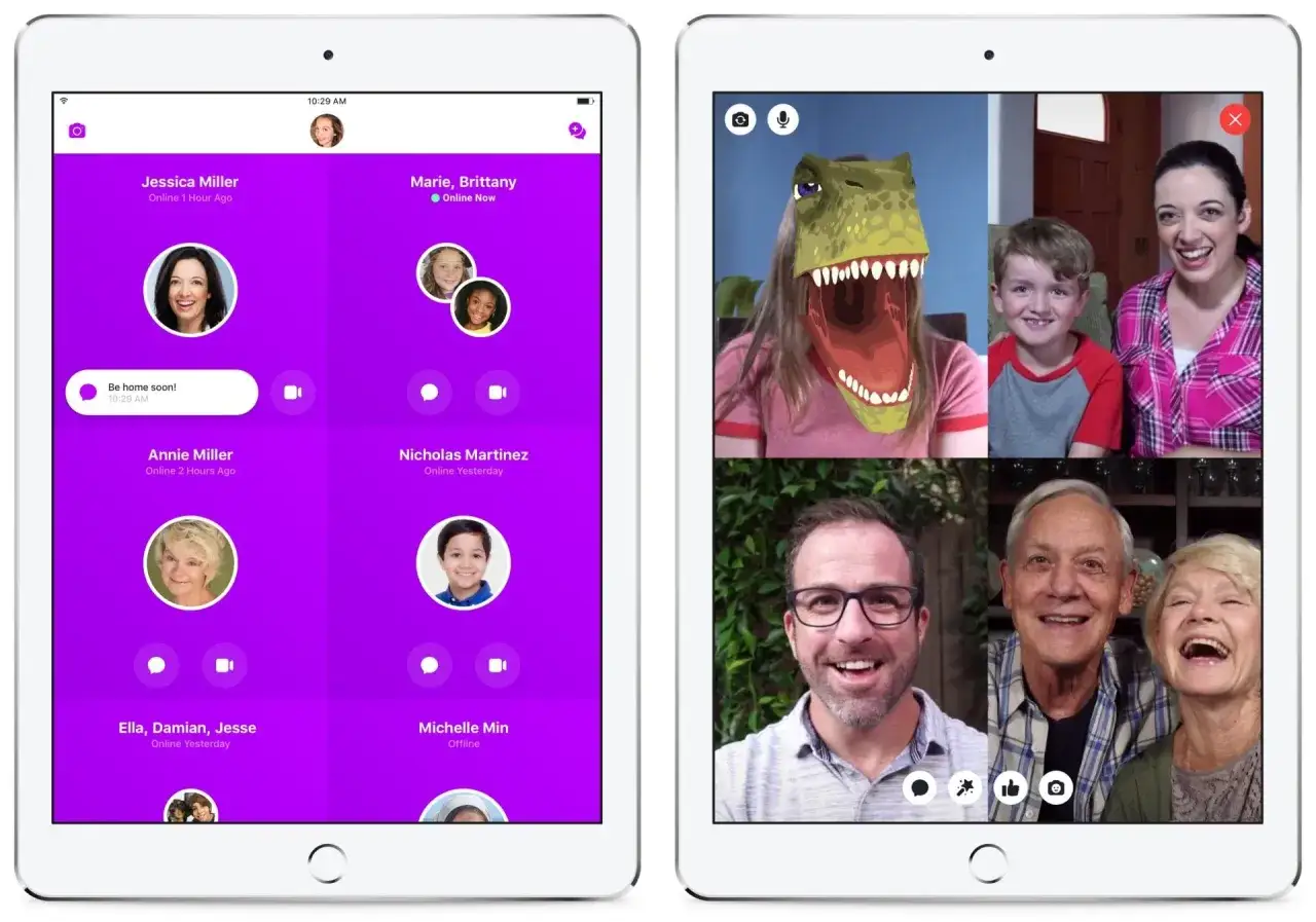 Tablet z aplikacją messenger dla dzieci. Widok listy kontaktów i rozmowy wideo z zabawnymi filtrami.