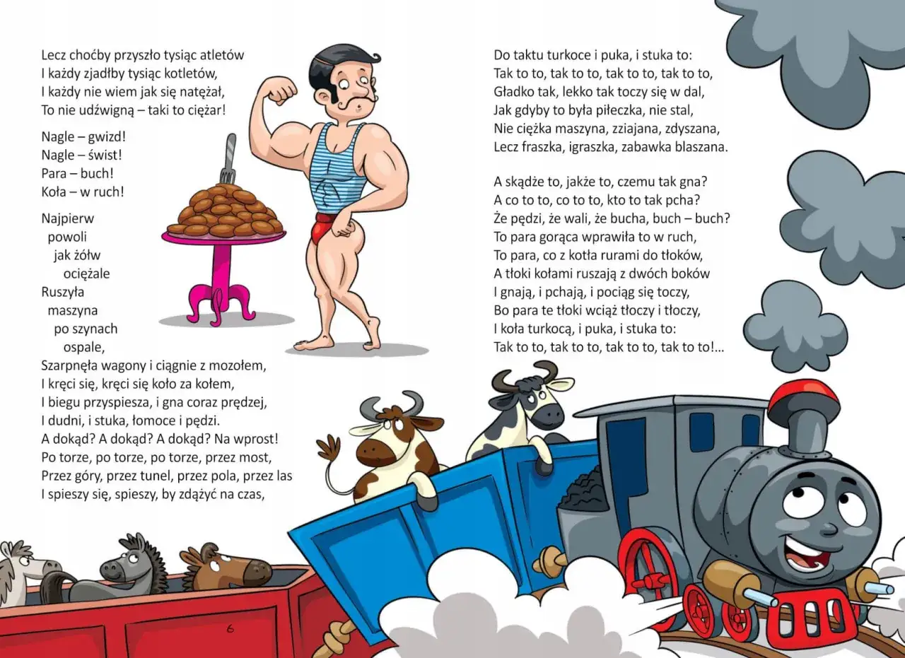 Ilustracja z wierszami z humorem: muskularny mężczyzna obok stosu kotletów, pędząca lokomotywa z krowami i konie w wagonie.
