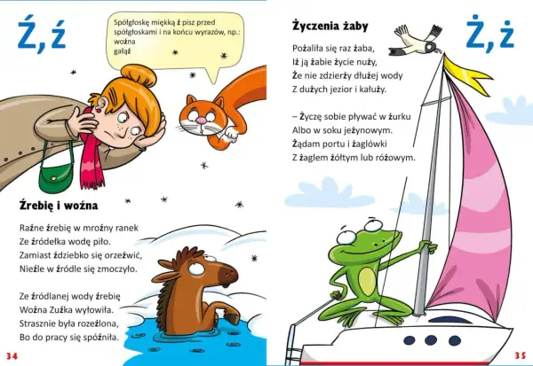 Ilustracje do śmiesznych wierszy dla dzieci: żaba na żaglówce, źrebak i woźna.