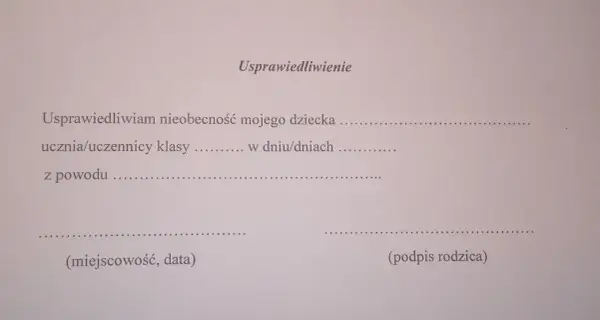 Szablon usprawiedliwienia nieobecności ucznia z powodu choroby. Wypełnij dane dziecka, daty i powód.